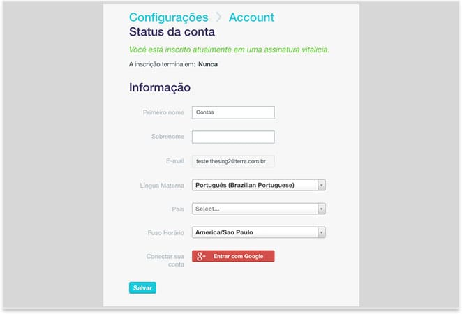 Imagem da página de configurações do status da conta