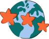 Ilustração do globo terrestre com três estrelas laranjas na frente