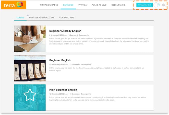 Imagem do catálogo de cursos com destaque no botão de 'Verifique Seu Nível'